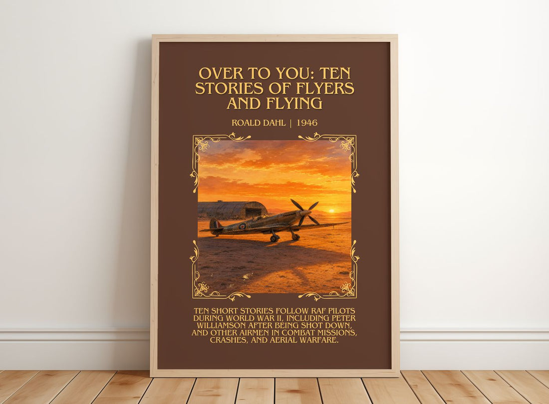 Over To You: Ten Stories Of Flyers And Flying Minimalist Book Poster – framed print leaning on a wooden floor