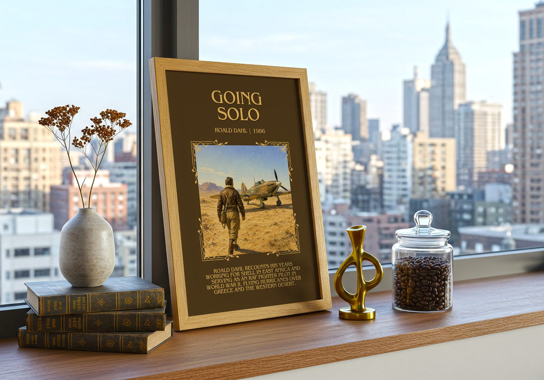 Going Solo Minimalist Book Poster by Roald Dahl – framed print on a city-view windowsill