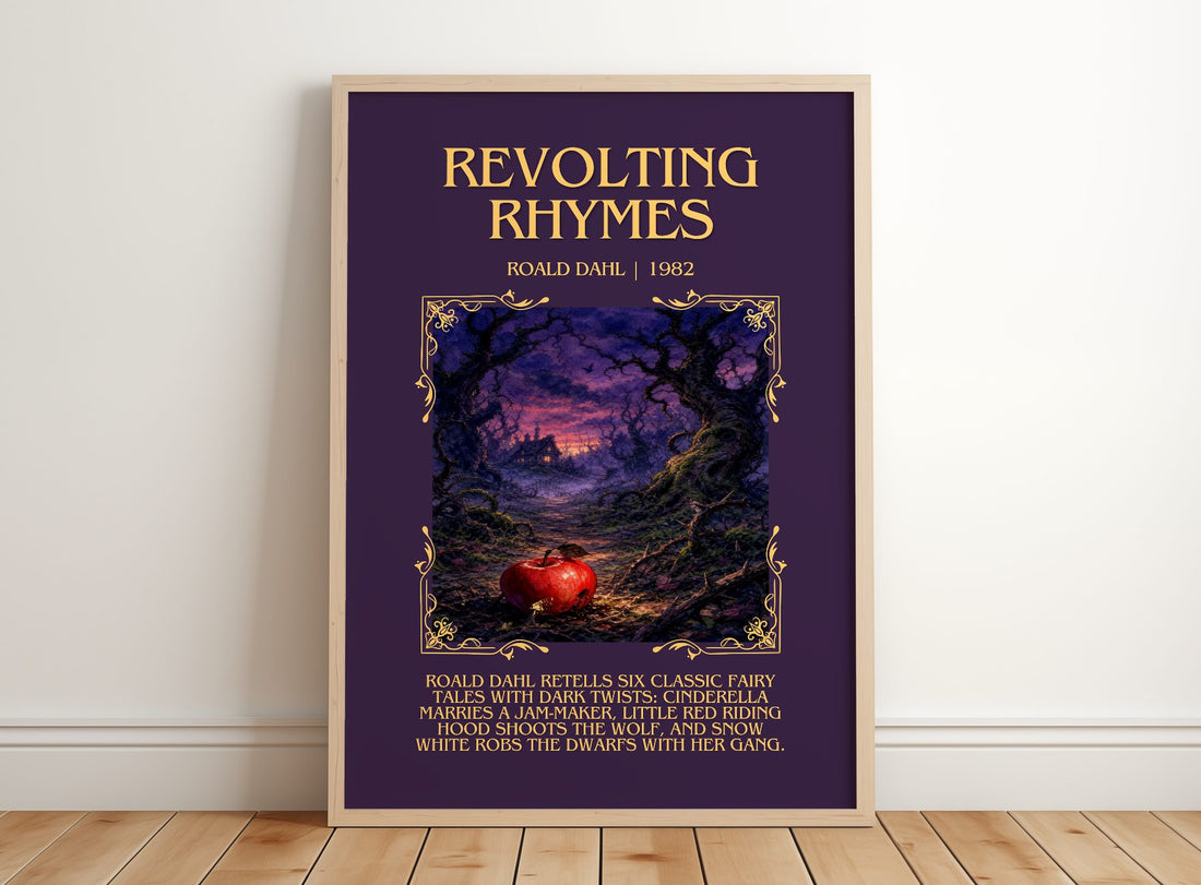 Revolting Rhymes Minimalist Book Poster by Roald Dahl – framed print leaning on a wooden floor