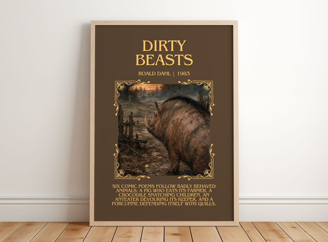 Dirty Beasts Minimalist Book Poster by Roald Dahl – framed print leaning on a wooden floor