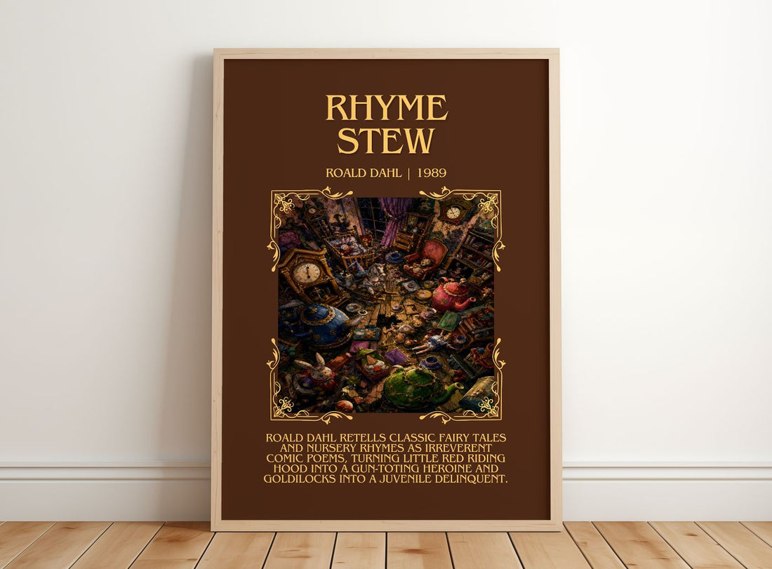 Rhyme Stew Minimalist Book Poster by Roald Dahl – framed print leaning on a wooden floor