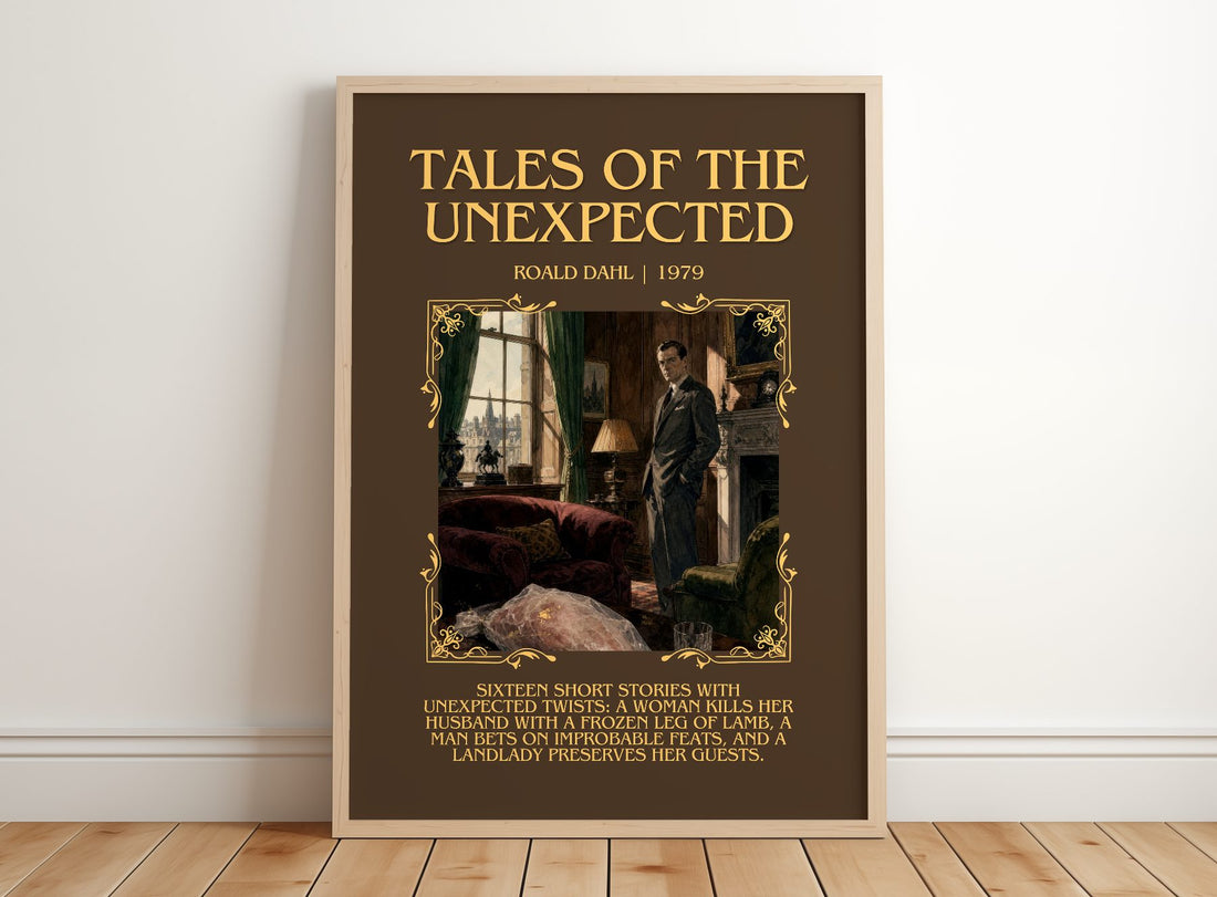 Tales Of The Unexpected Minimalist Book Poster by Roald Dahl – framed print leaning on a wooden floor