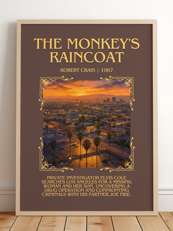 The Monkey'S Raincoat Minimalist Book Poster by Robert Crais – framed print leaning on a wooden floor