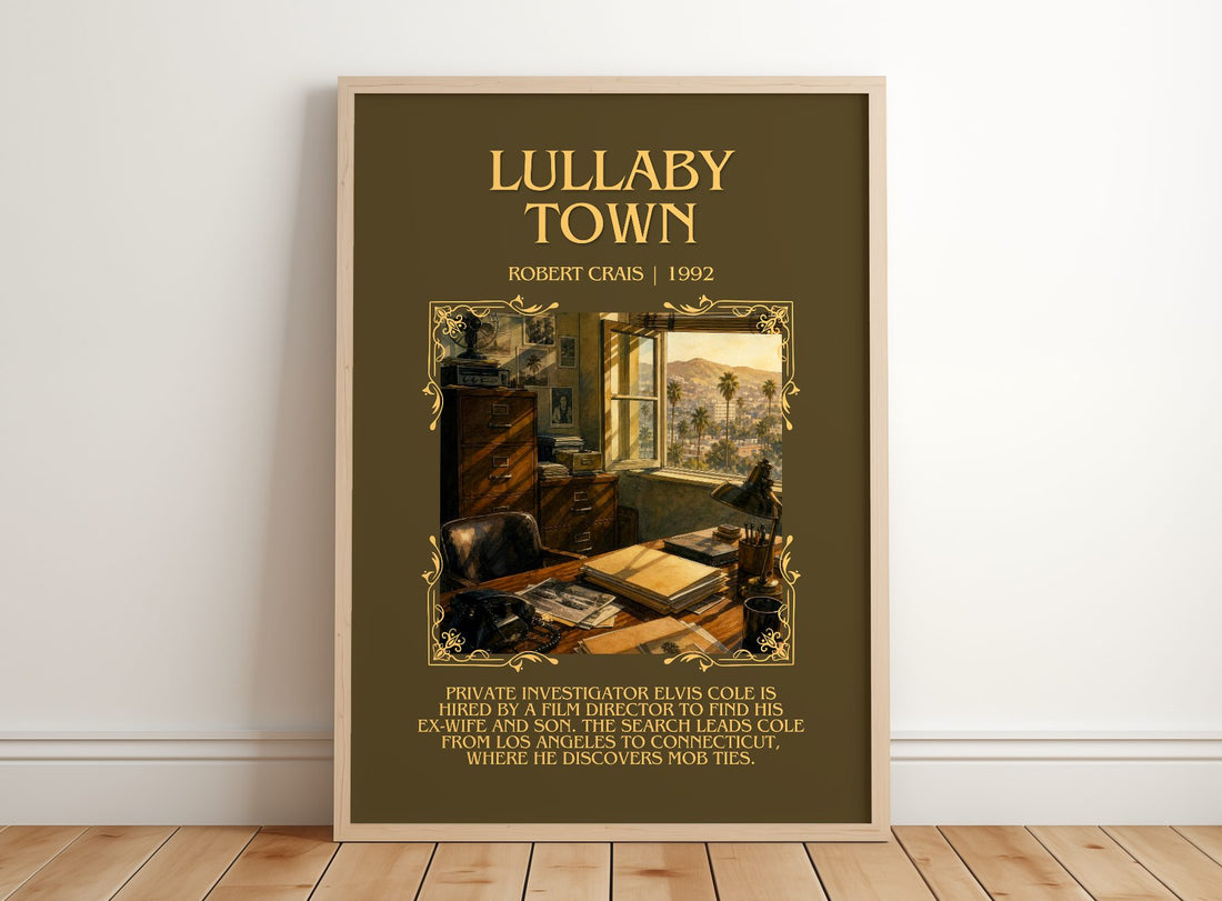 Lullaby Town Minimalist Book Poster by Robert Crais – framed print leaning on a wooden floor