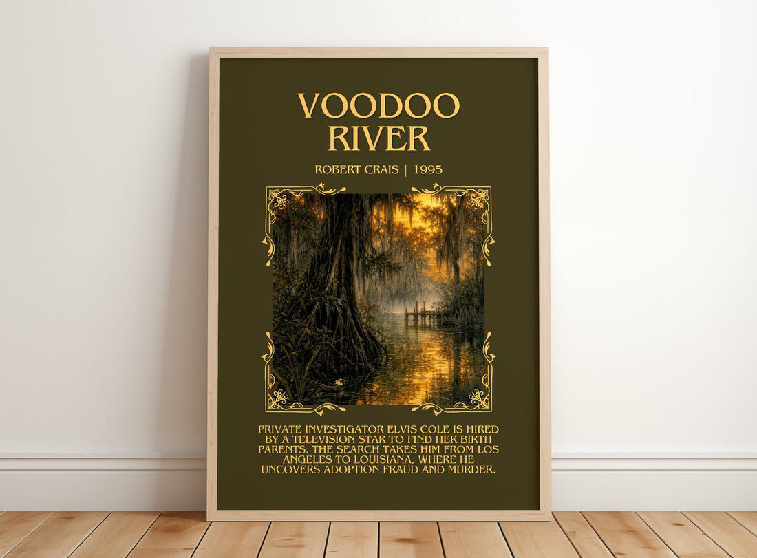 Voodoo River Minimalist Book Poster by Robert Crais – framed print leaning on a wooden floor