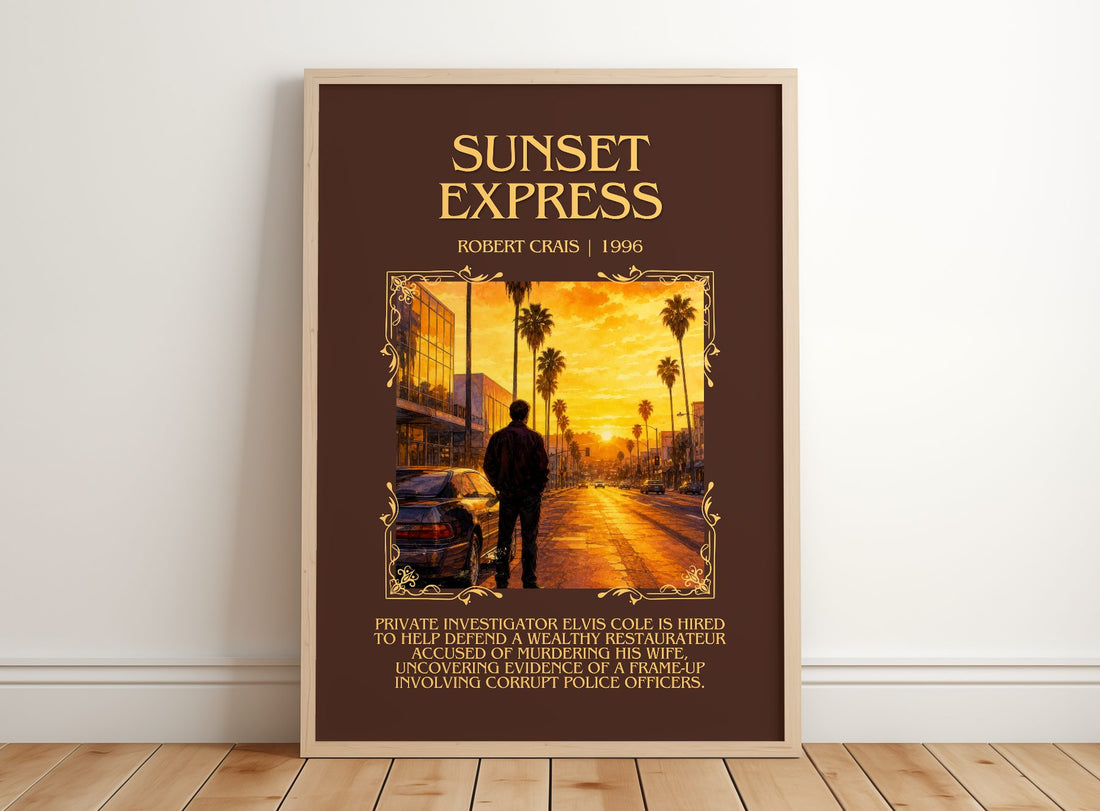Sunset Express Minimalist Book Poster by Robert Crais – framed print leaning on a wooden floor