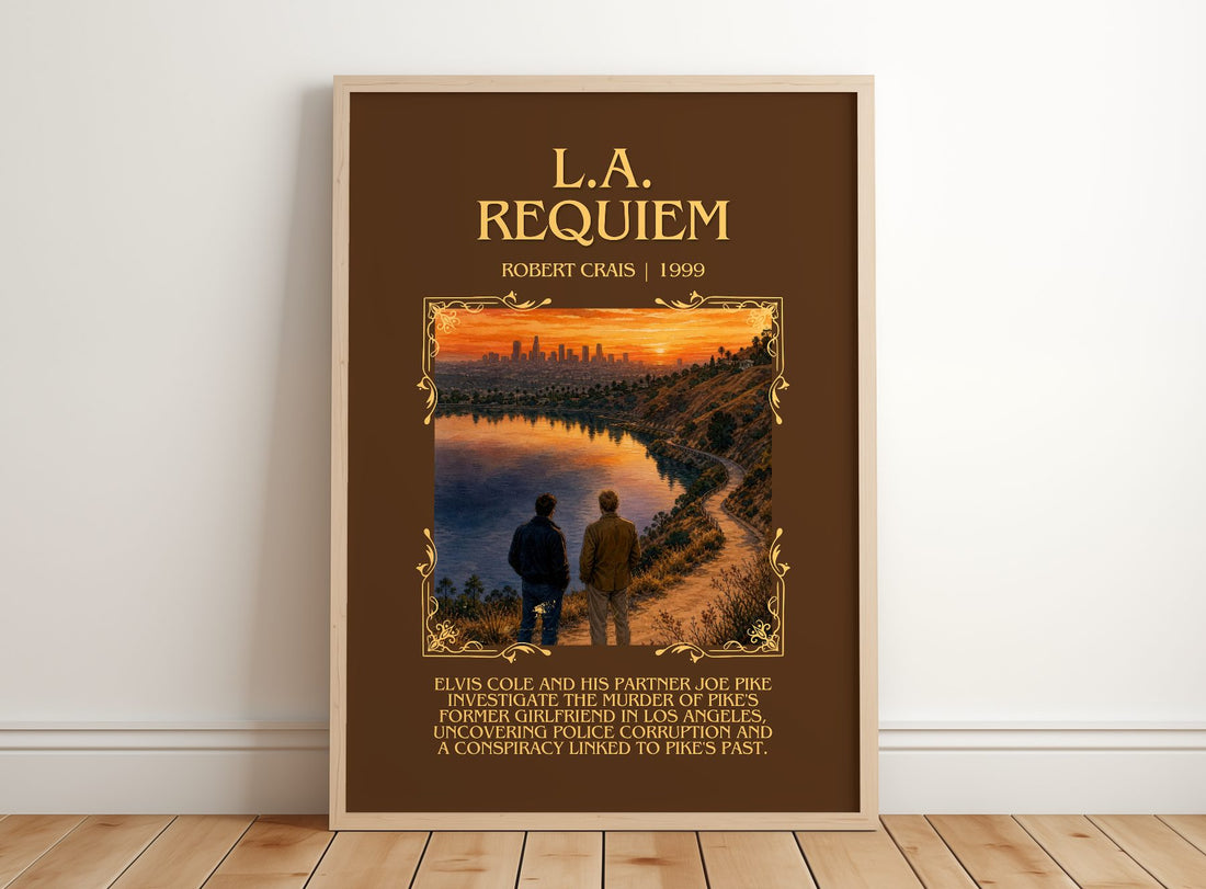 L.A. Requiem Minimalist Book Poster by Robert Crais – framed print leaning on a wooden floor