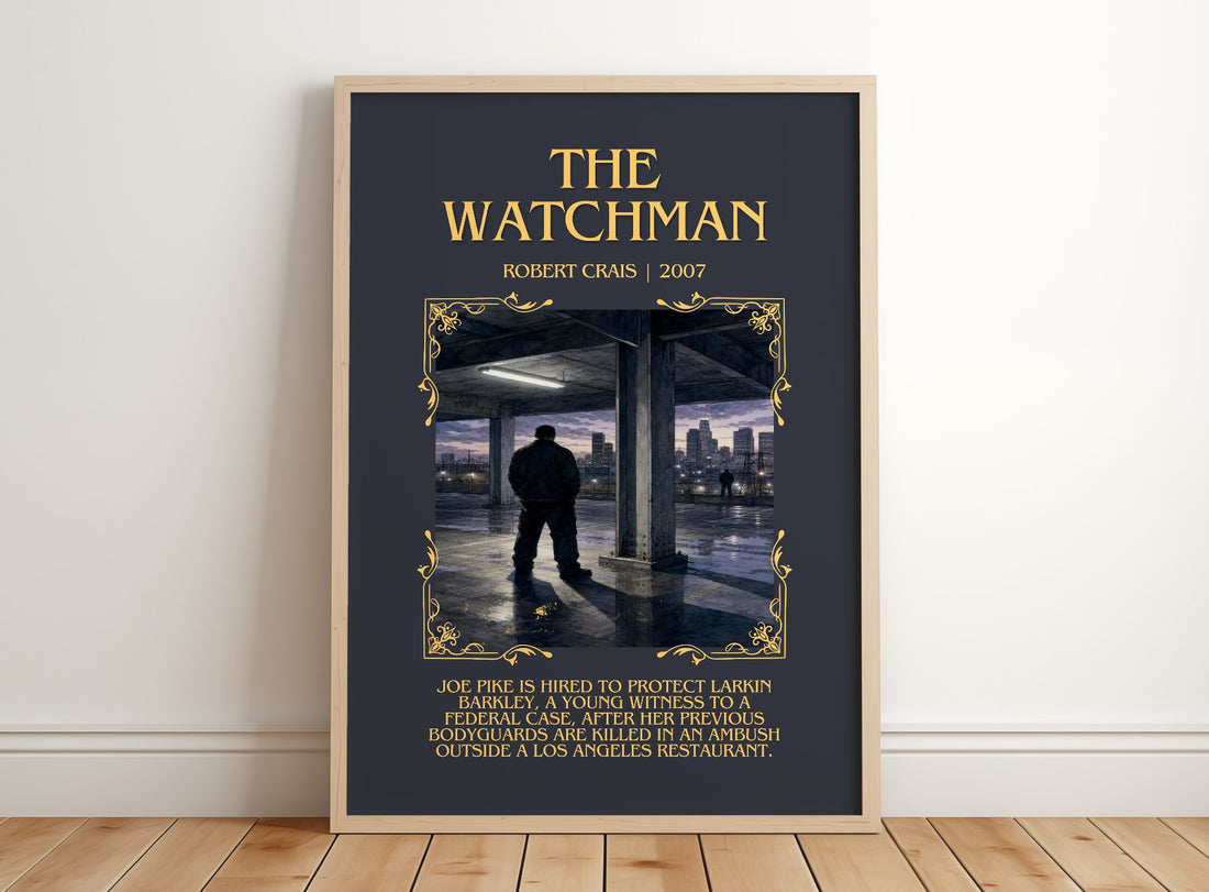 The Watchman Minimalist Book Poster by Robert Crais – framed print leaning on a wooden floor