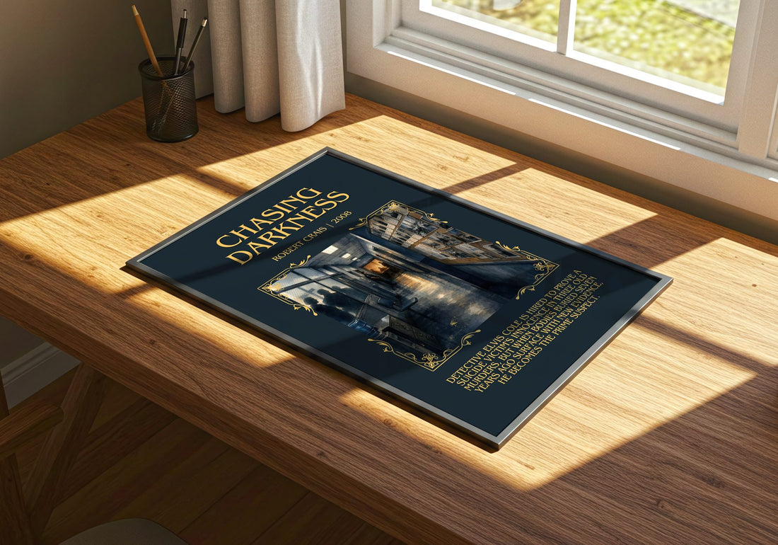 Chasing Darkness Minimalist Book Poster by Robert Crais – print on a sunlit desk