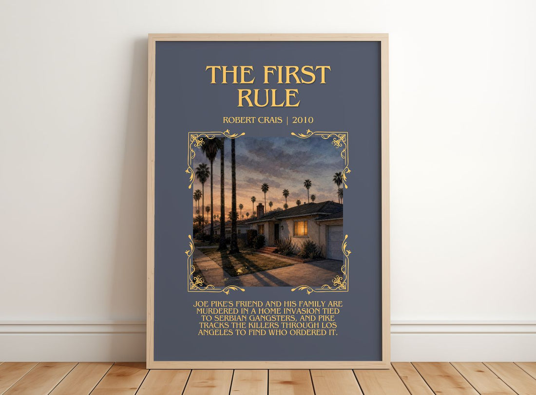 The First Rule Minimalist Book Poster by Robert Crais – framed print leaning on a wooden floor