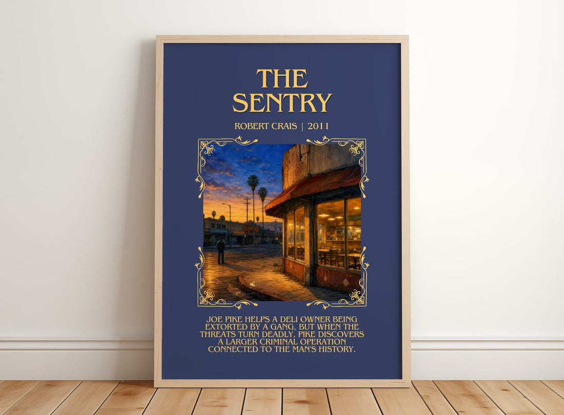 The Sentry Minimalist Book Poster by Robert Crais – framed print leaning on a wooden floor