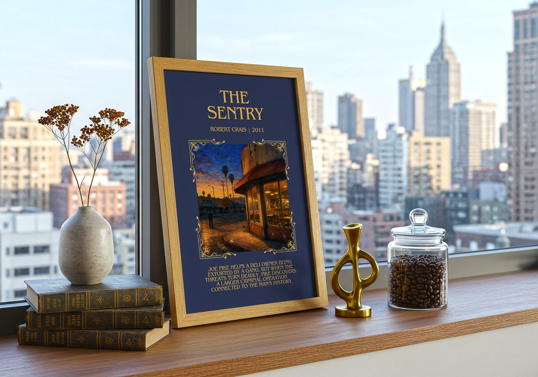The Sentry Minimalist Book Poster by Robert Crais – framed print on a city-view windowsill