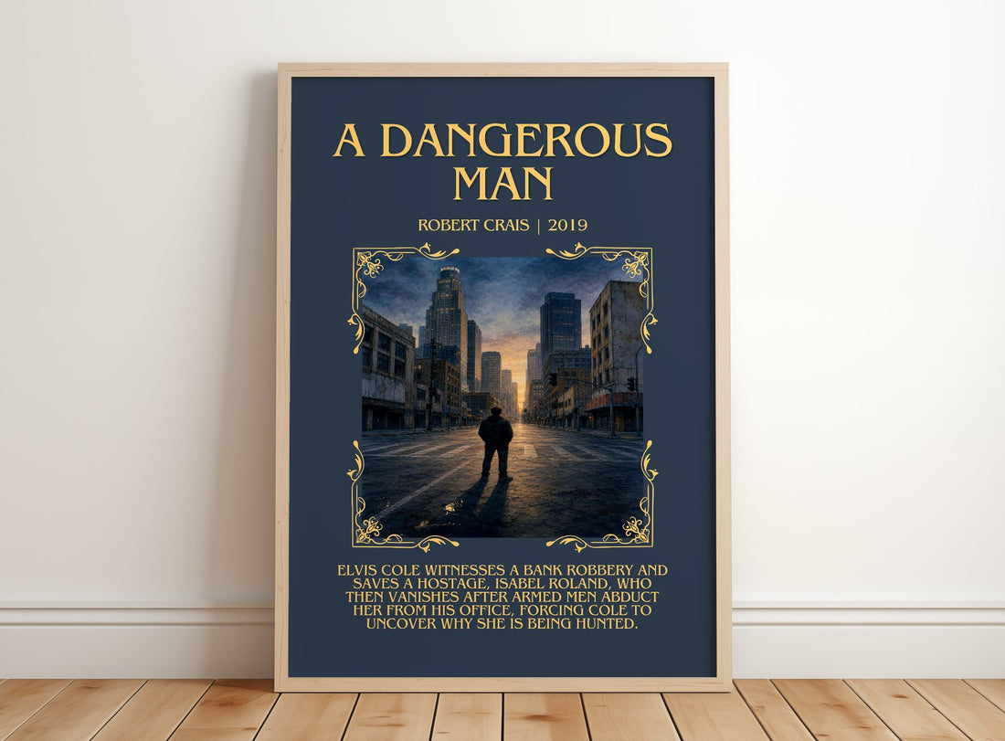A Dangerous Man Minimalist Book Poster by Robert Crais – framed print leaning on a wooden floor