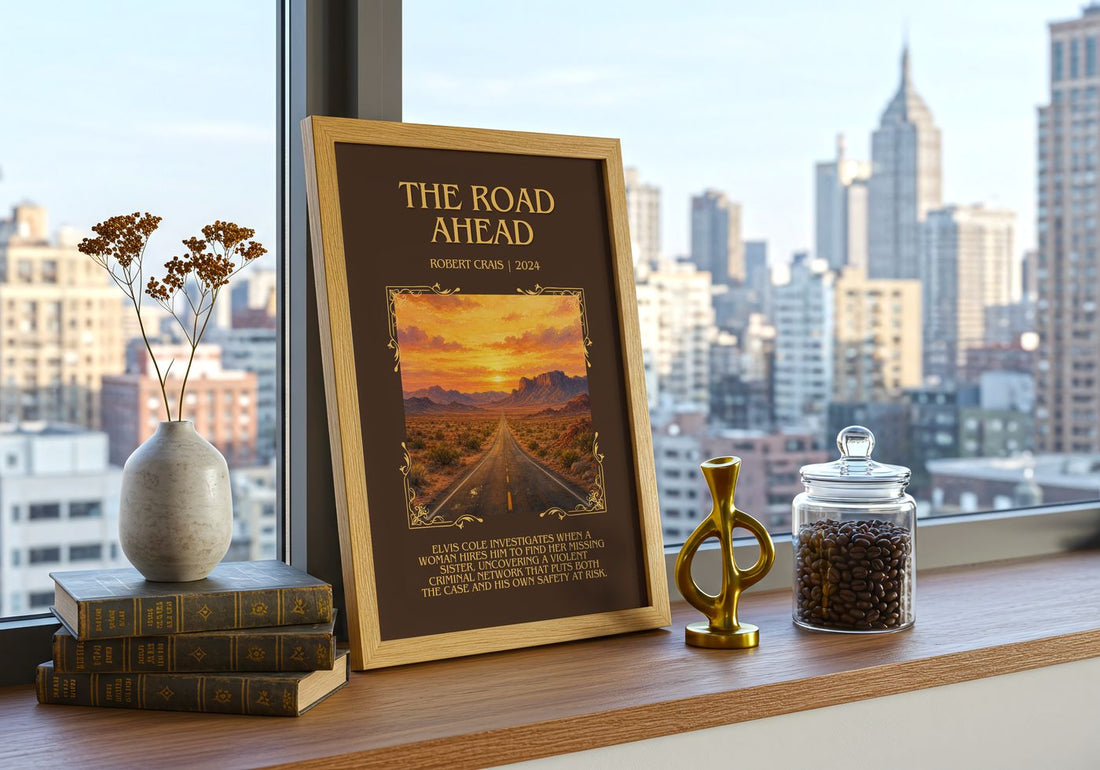The Road Ahead Minimalist Book Poster by Robert Crais – framed print on a city-view windowsill