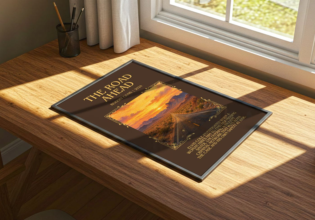 The Road Ahead Minimalist Book Poster by Robert Crais – print on a sunlit desk