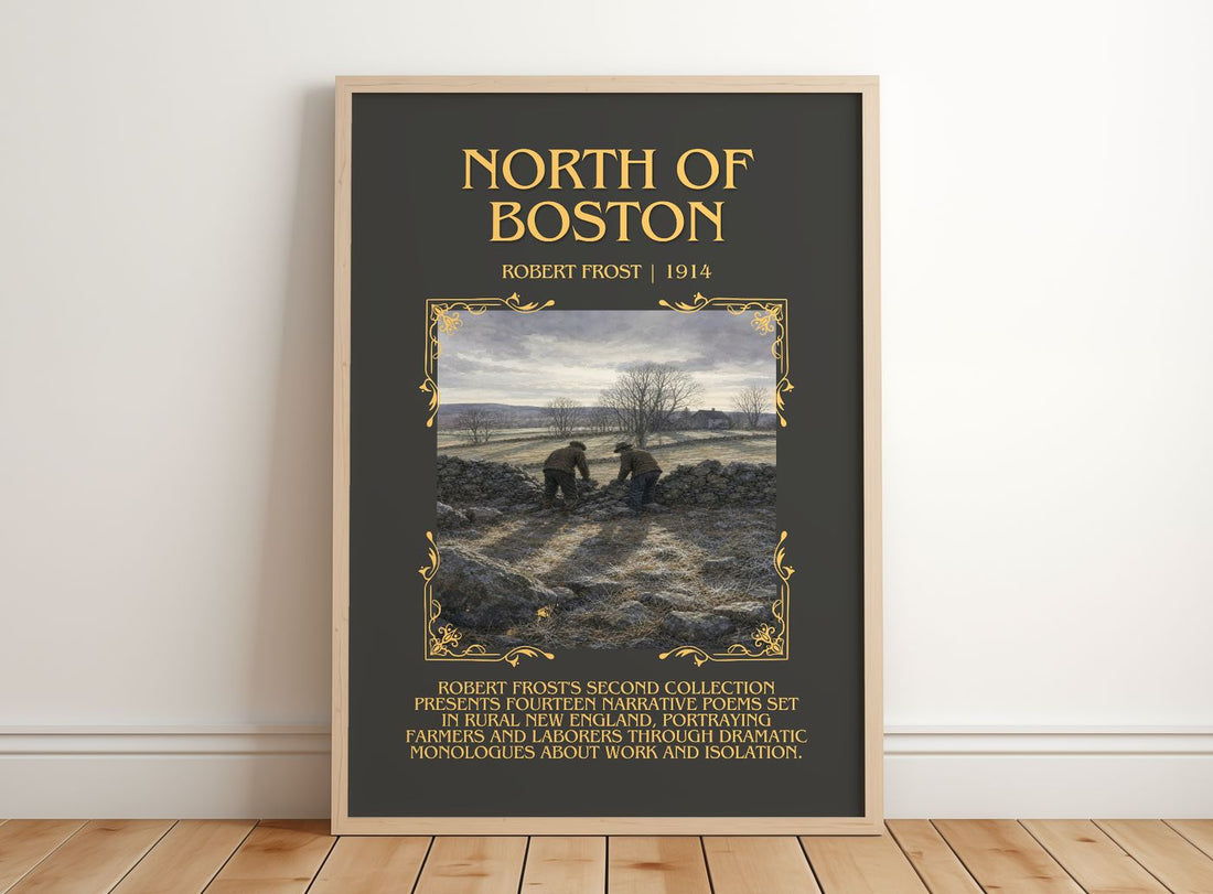 North Of Boston Minimalist Book Poster by Robert Frost – framed print leaning on a wooden floor