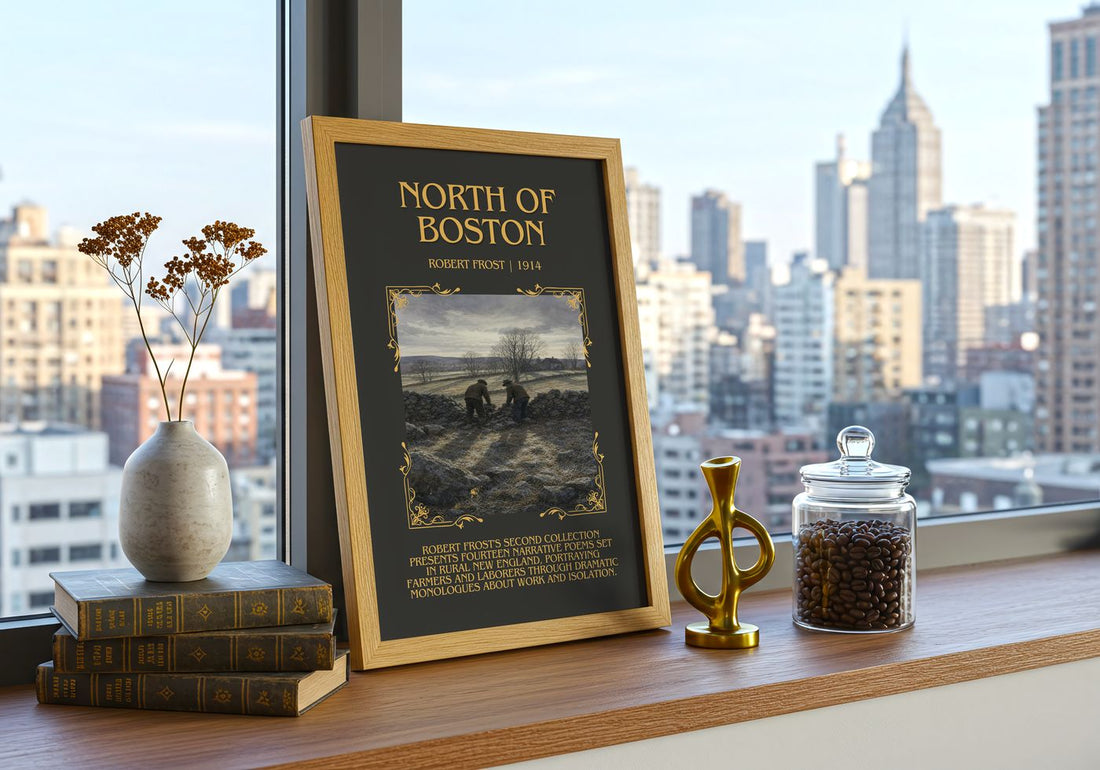 North Of Boston Minimalist Book Poster by Robert Frost – framed print on a city-view windowsill