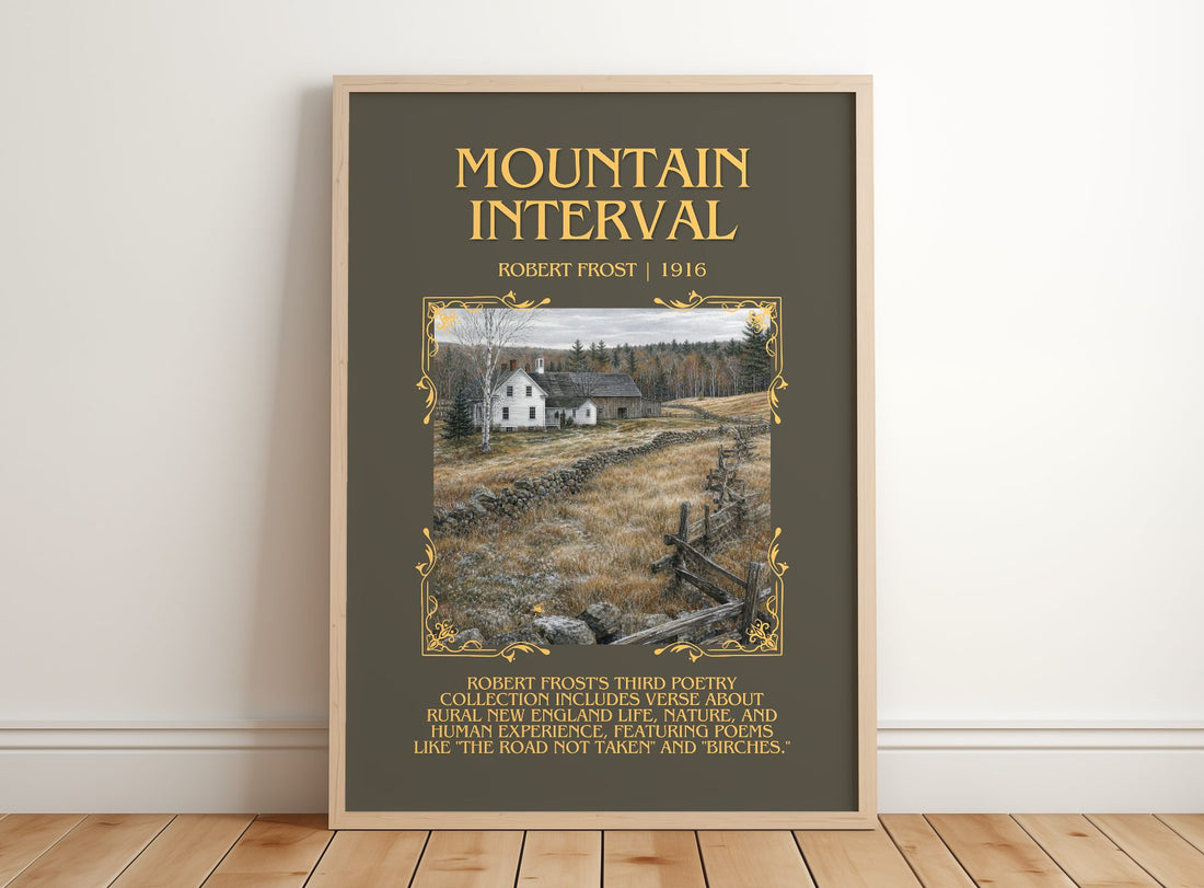Mountain Interval Minimalist Book Poster by Robert Frost – framed print leaning on a wooden floor