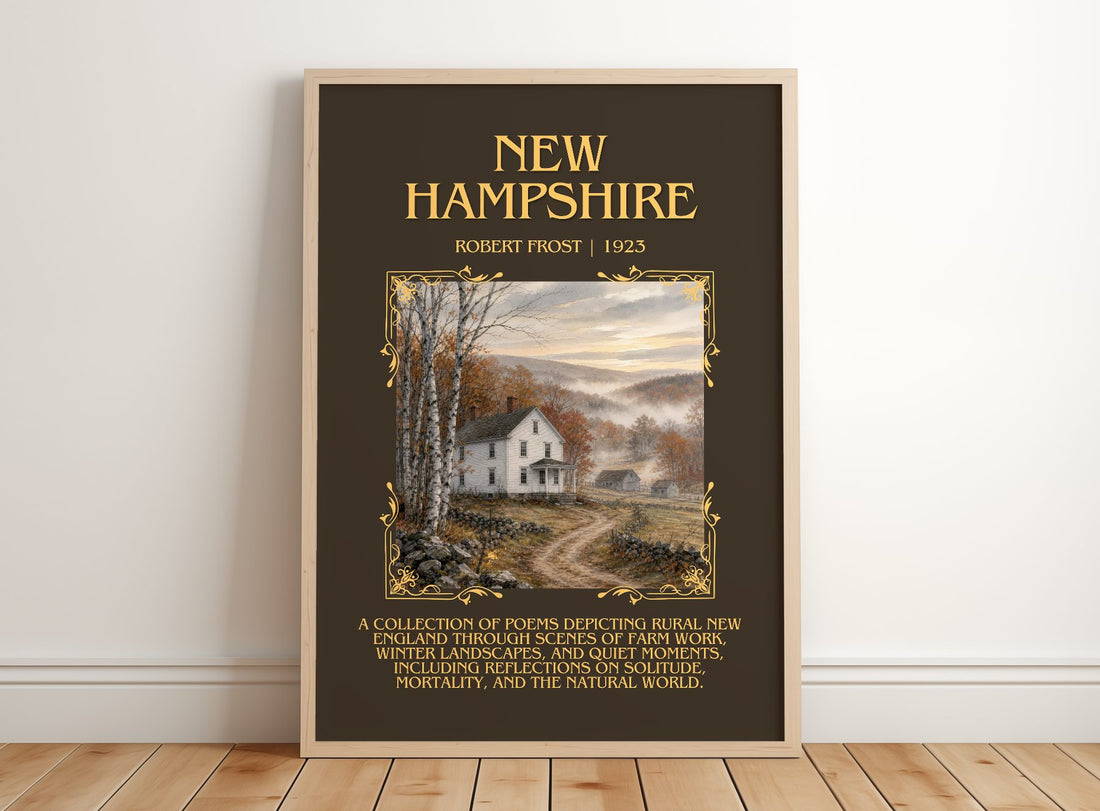 New Hampshire Minimalist Book Poster by Robert Frost – framed print leaning on a wooden floor