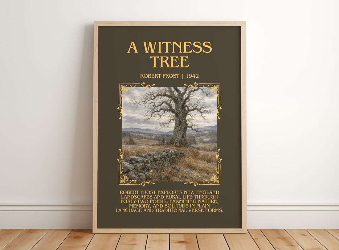 A Witness Tree Minimalist Book Poster by Robert Frost – framed print leaning on a wooden floor