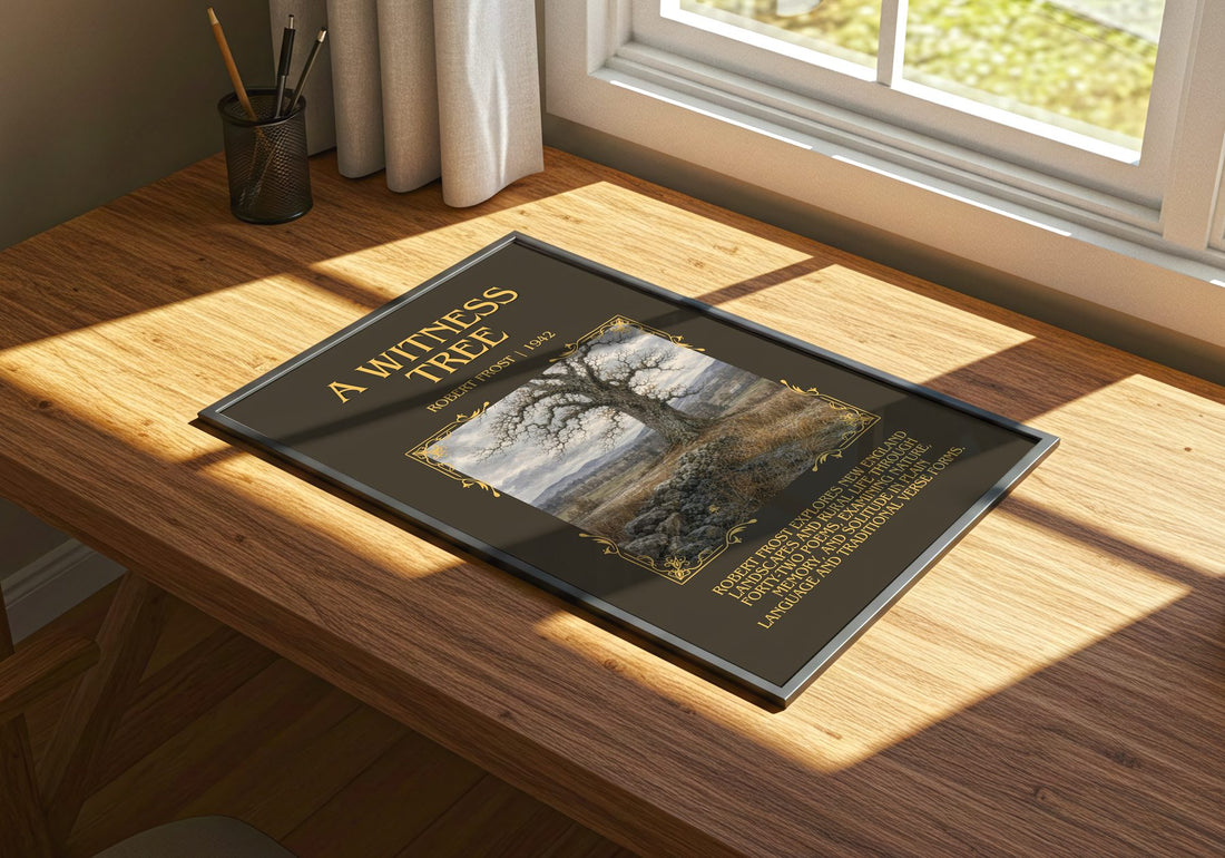A Witness Tree Minimalist Book Poster by Robert Frost – print on a sunlit desk