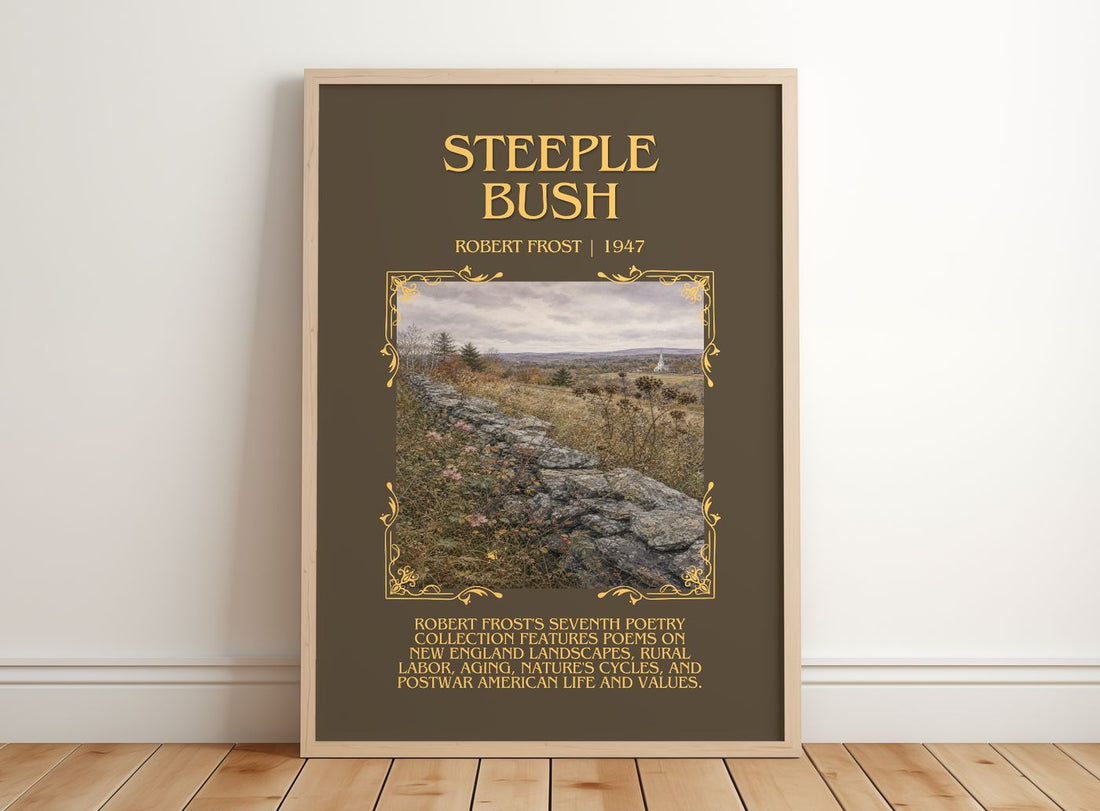 Steeple Bush Minimalist Book Poster by Robert Frost – framed print leaning on a wooden floor