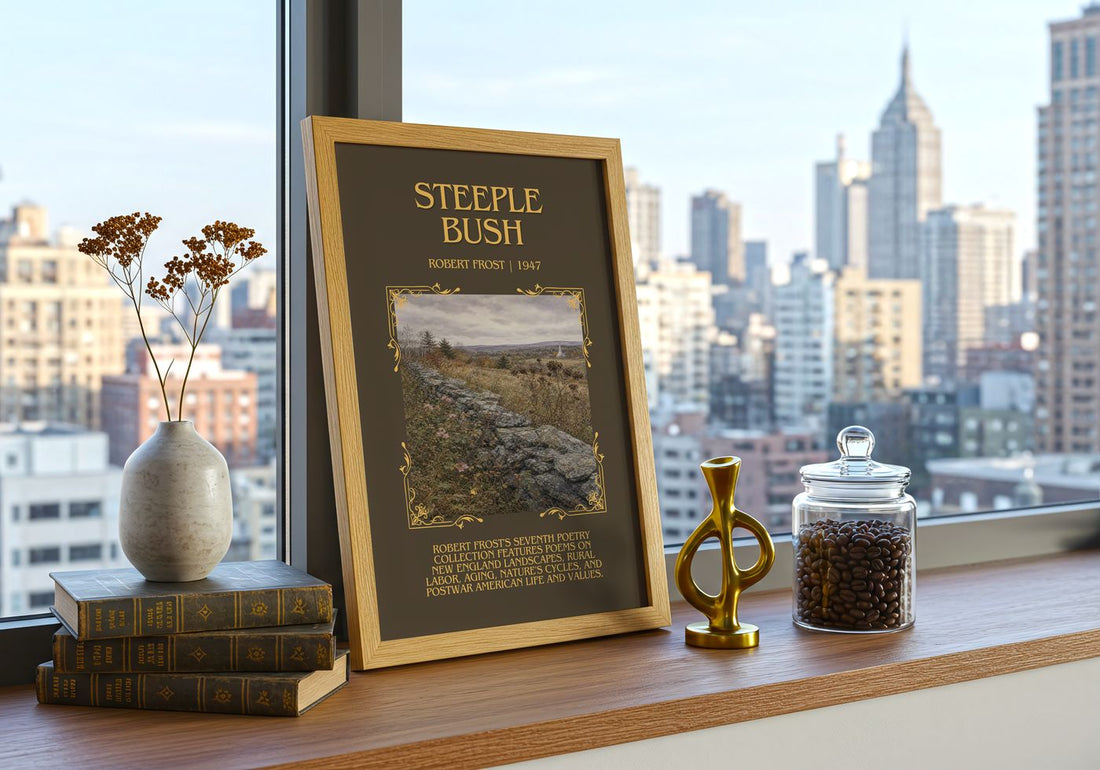 Steeple Bush Minimalist Book Poster by Robert Frost – framed print on a city-view windowsill