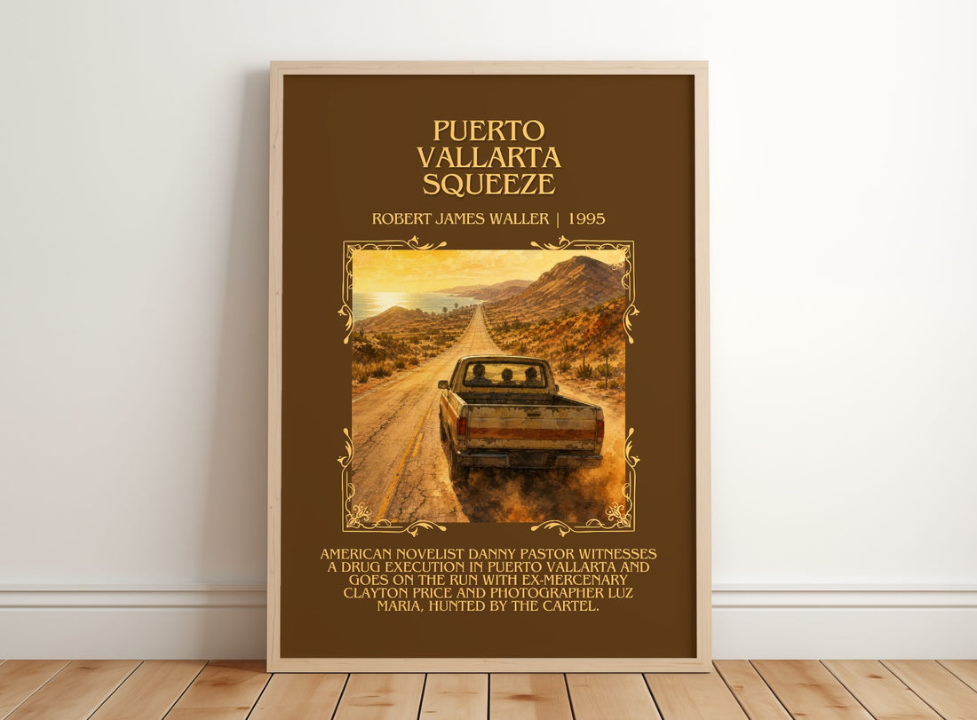 Puerto Vallarta Squeeze Minimalist Book Poster by Robert James Waller – framed print leaning on a wooden floor