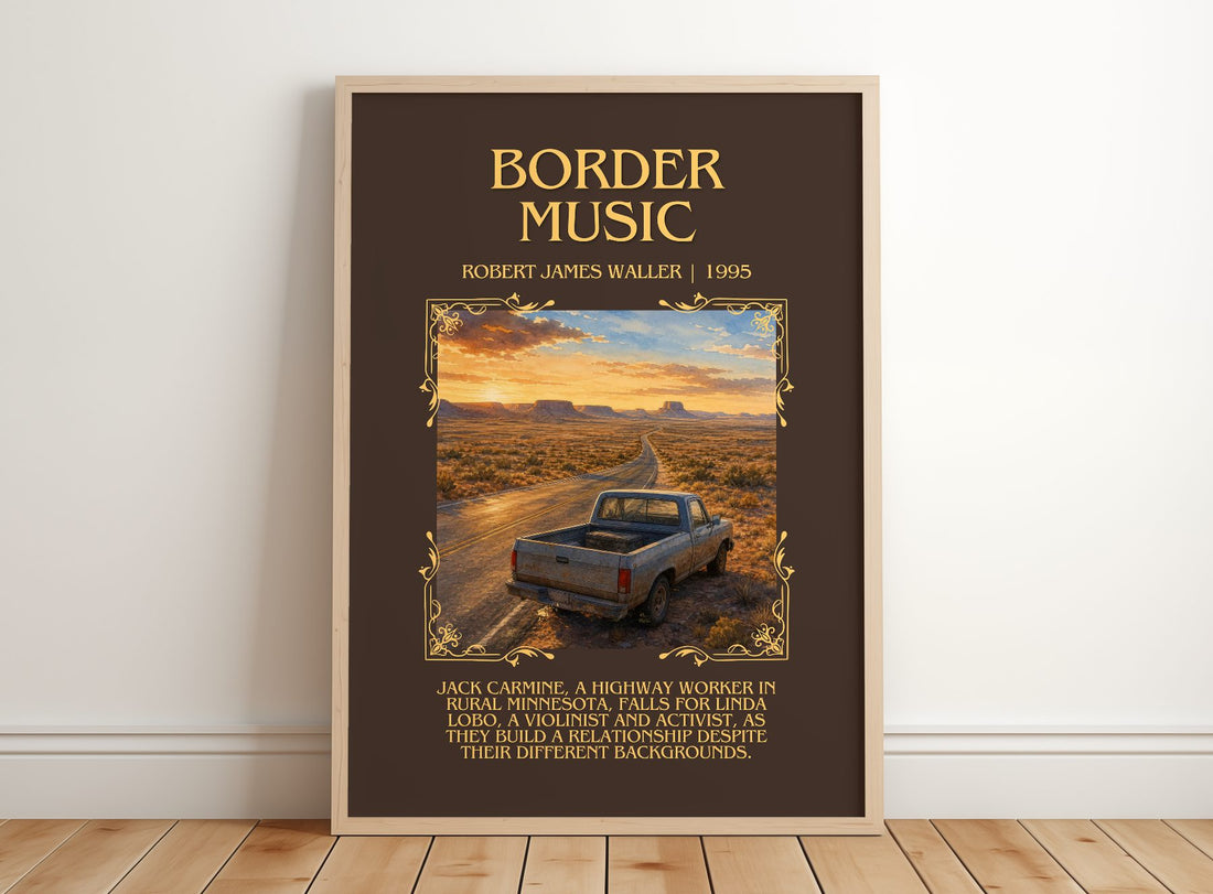 Border Music Minimalist Book Poster by Robert James Waller – framed print leaning on a wooden floor