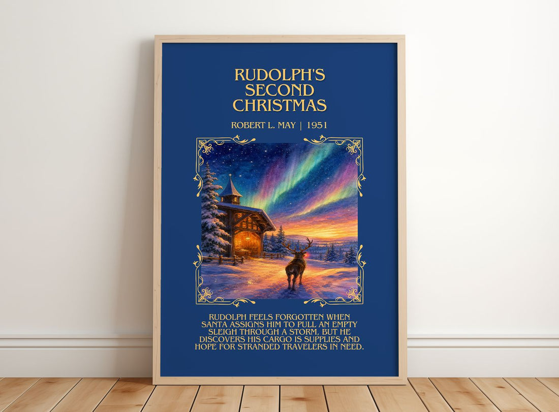 Rudolph'S Second Christmas Minimalist Book Poster by Robert L. May – framed print leaning on a wooden floor