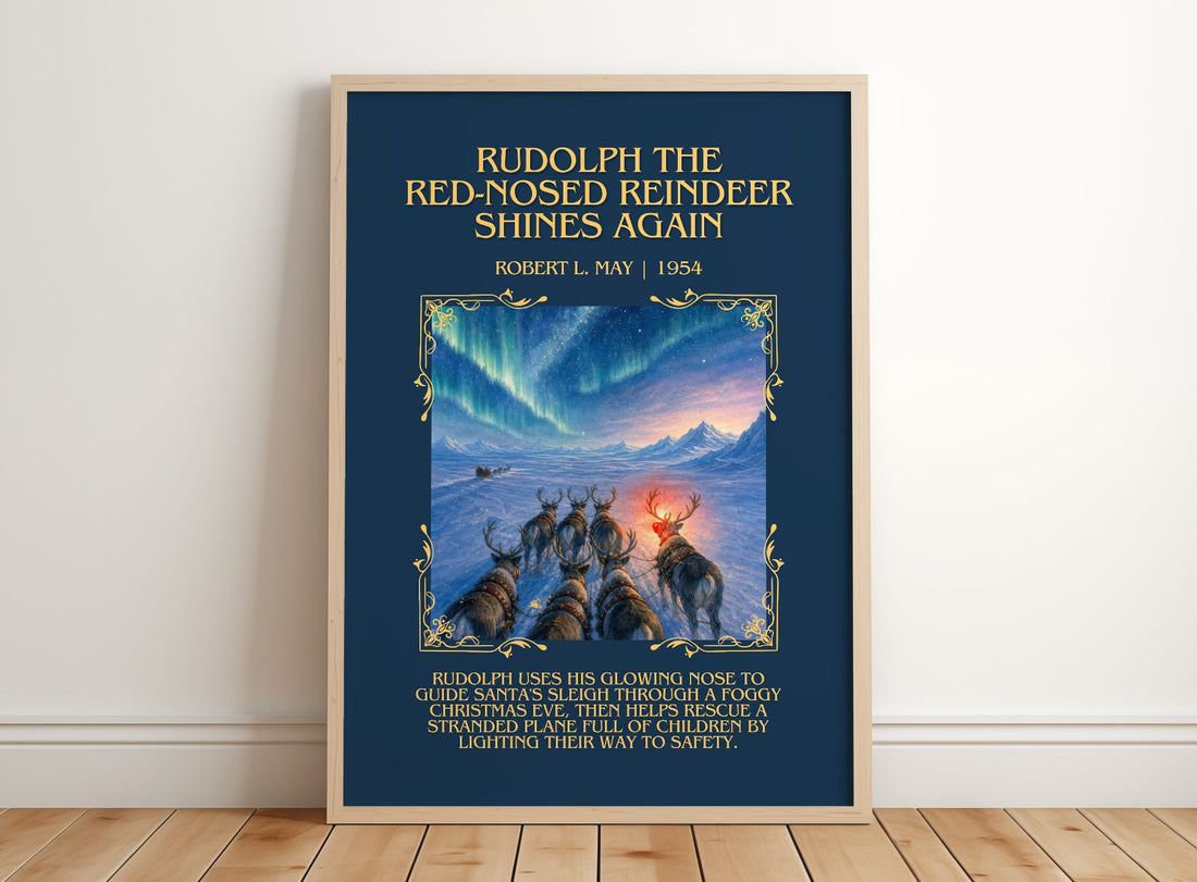 Rudolph The Red-Nosed Reindeer Shines Again Minimalist Book Poster – – framed print leaning on a wooden floor