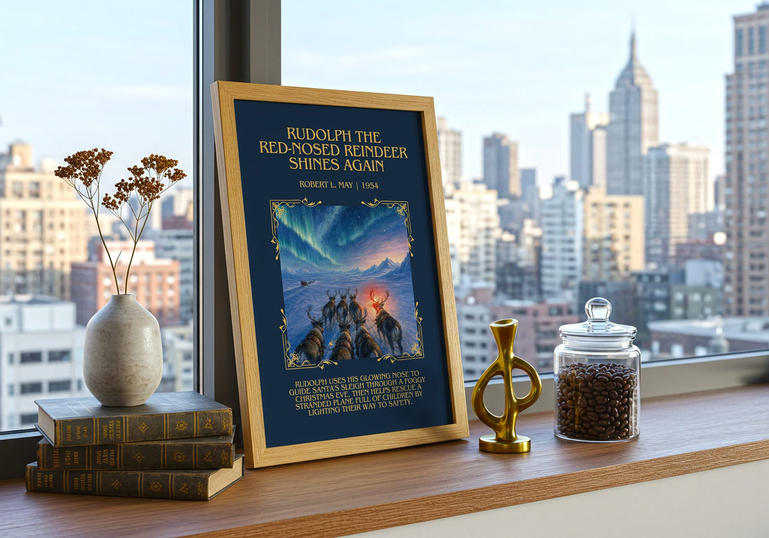 Rudolph The Red-Nosed Reindeer Shines Again Minimalist Book Poster – – framed print on a city-view windowsill