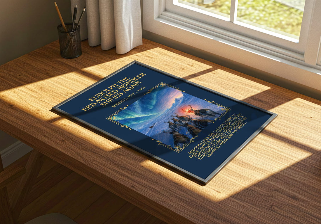 Rudolph The Red-Nosed Reindeer Shines Again Minimalist Book Poster – – print on a sunlit desk