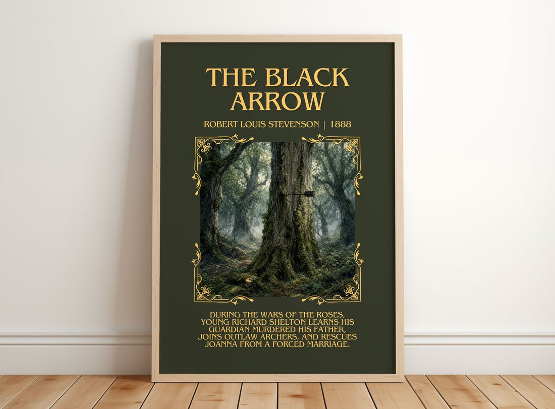 The Black Arrow Minimalist Book Poster by Robert Louis Stevenson – framed print leaning on a wooden floor