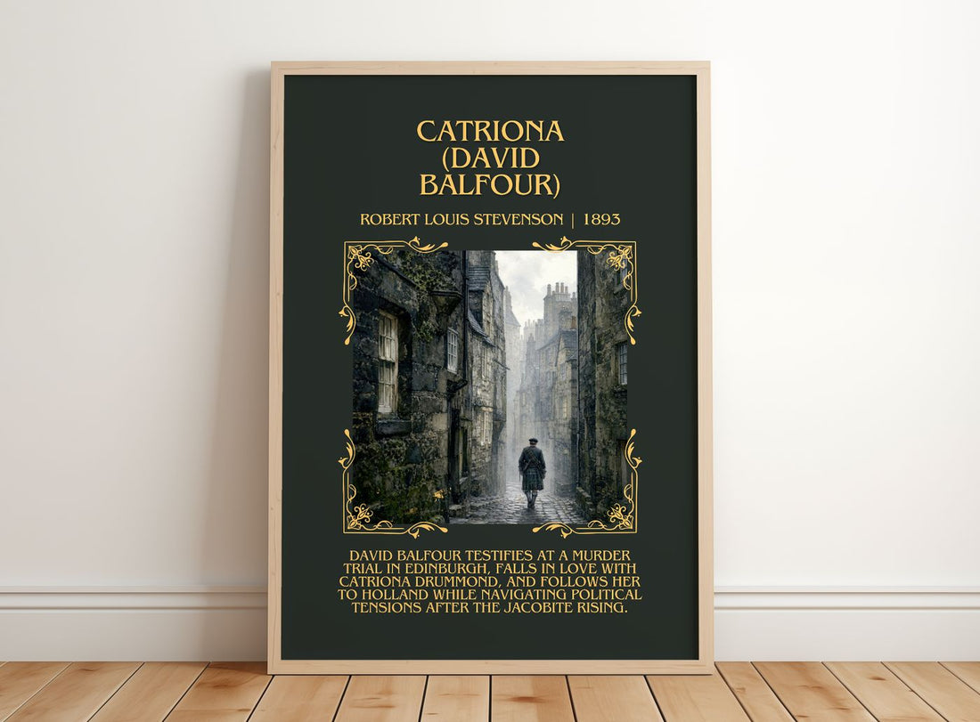 Catriona (David Balfour) Minimalist Book Poster by R. Stevenson – framed print leaning on a wooden floor