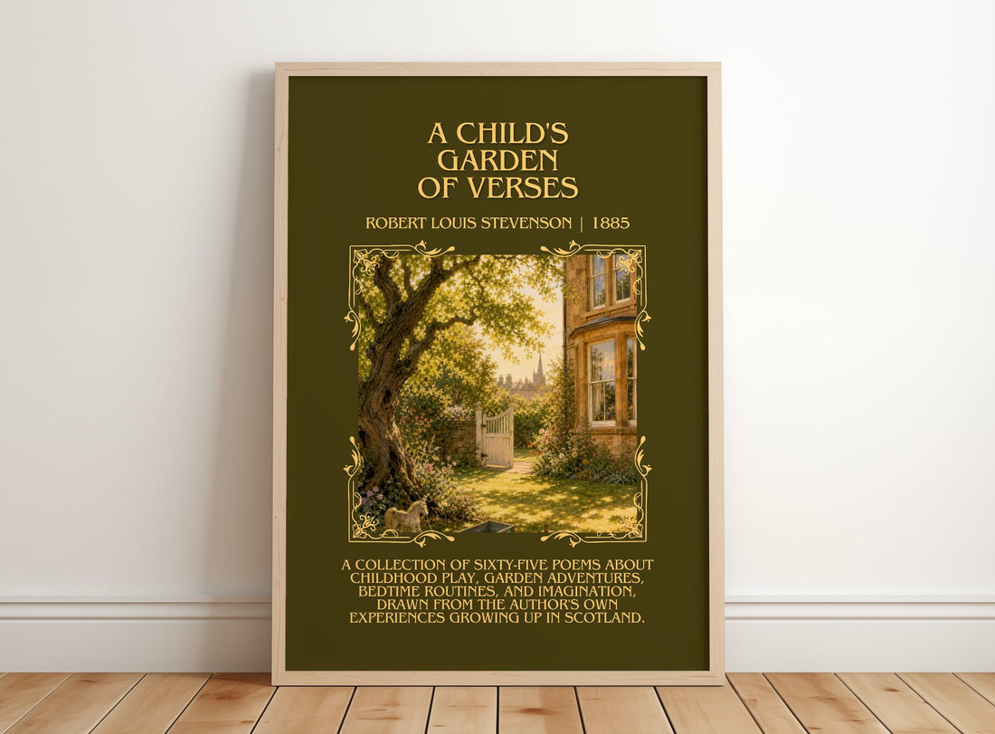 Child'S Garden Of Verses Minimalist Book Poster by R. Stevenson – framed print leaning on a wooden floor