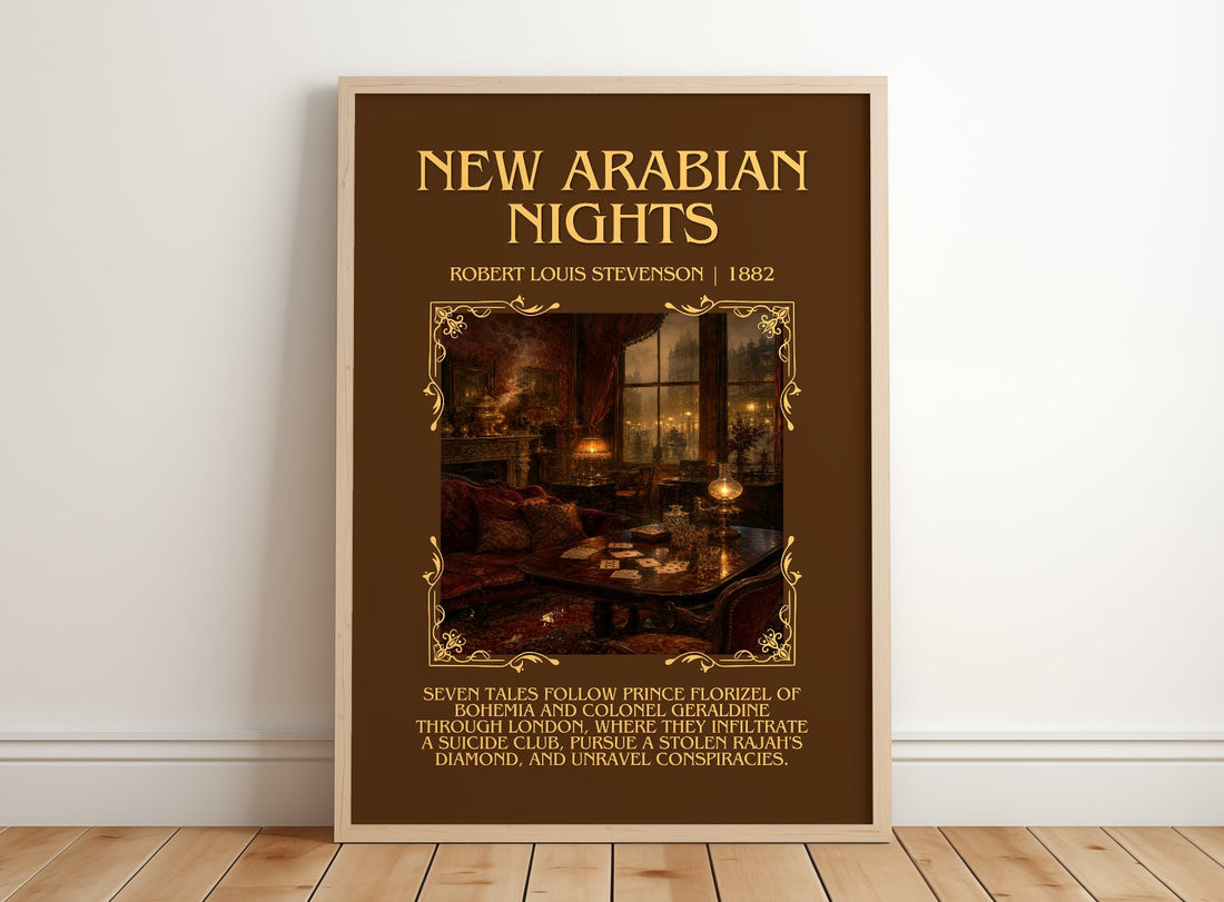 New Arabian Nights Minimalist Book Poster by Robert Louis Stevenson – framed print leaning on a wooden floor