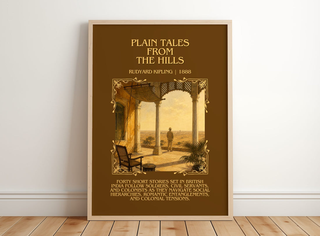 Plain Tales From The Hills Minimalist Book Poster by Rudyard Kipling – framed print leaning on a wooden floor