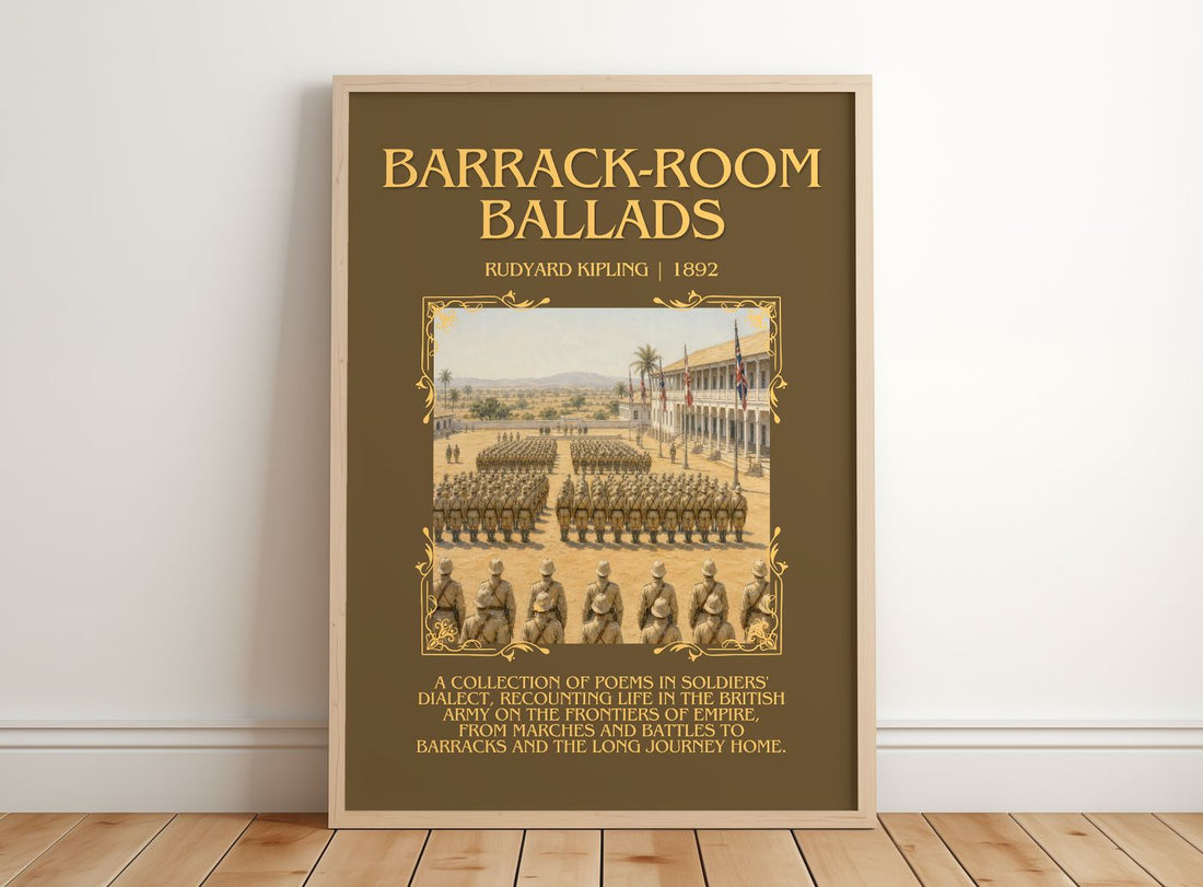 Barrack-Room Ballads Minimalist Book Poster by Rudyard Kipling – framed print leaning on a wooden floor
