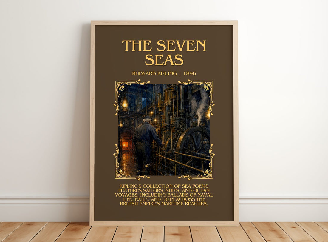 The Seven Seas Minimalist Book Poster by Rudyard Kipling – framed print leaning on a wooden floor