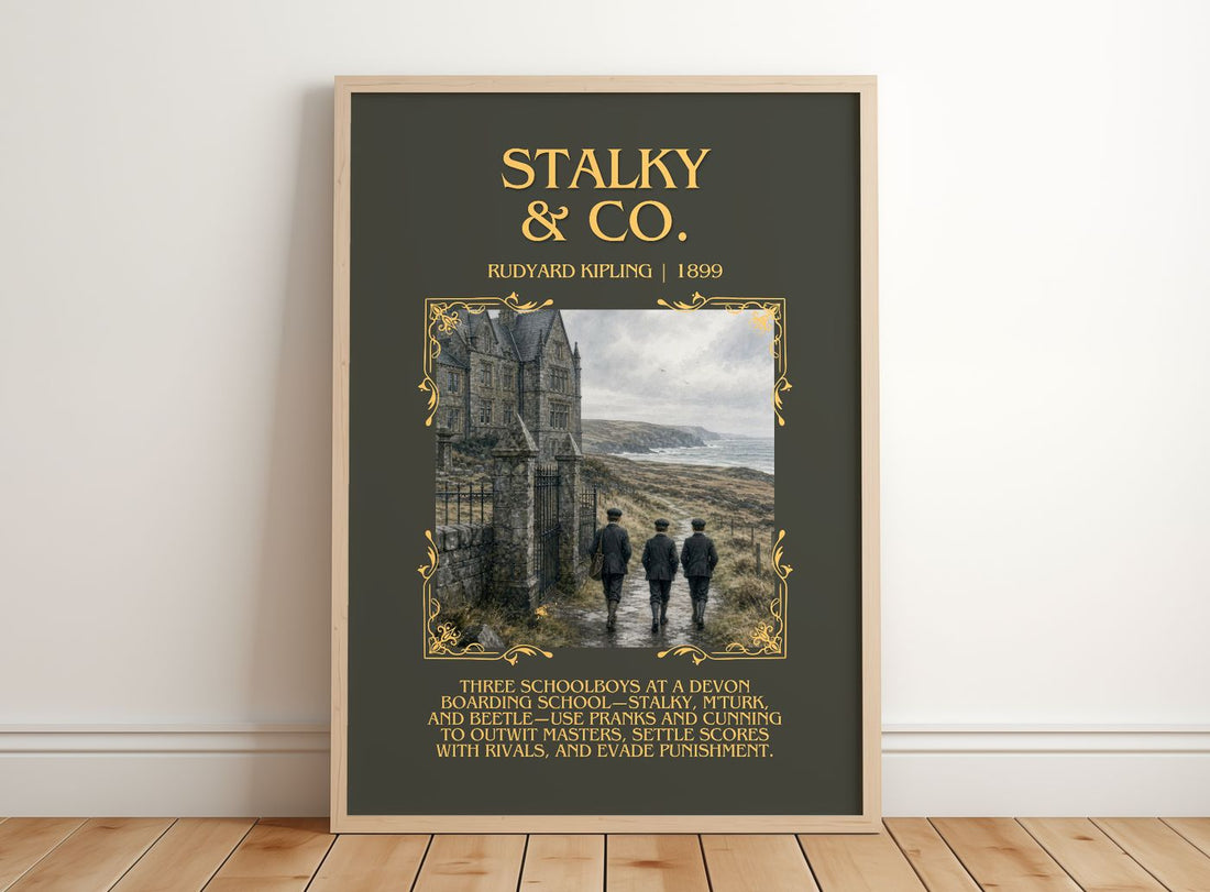 Stalky & Co. Minimalist Book Poster by Rudyard Kipling – framed print leaning on a wooden floor