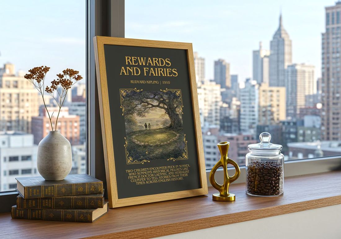 Rewards And Fairies Minimalist Book Poster by Rudyard Kipling – framed print on a city-view windowsill