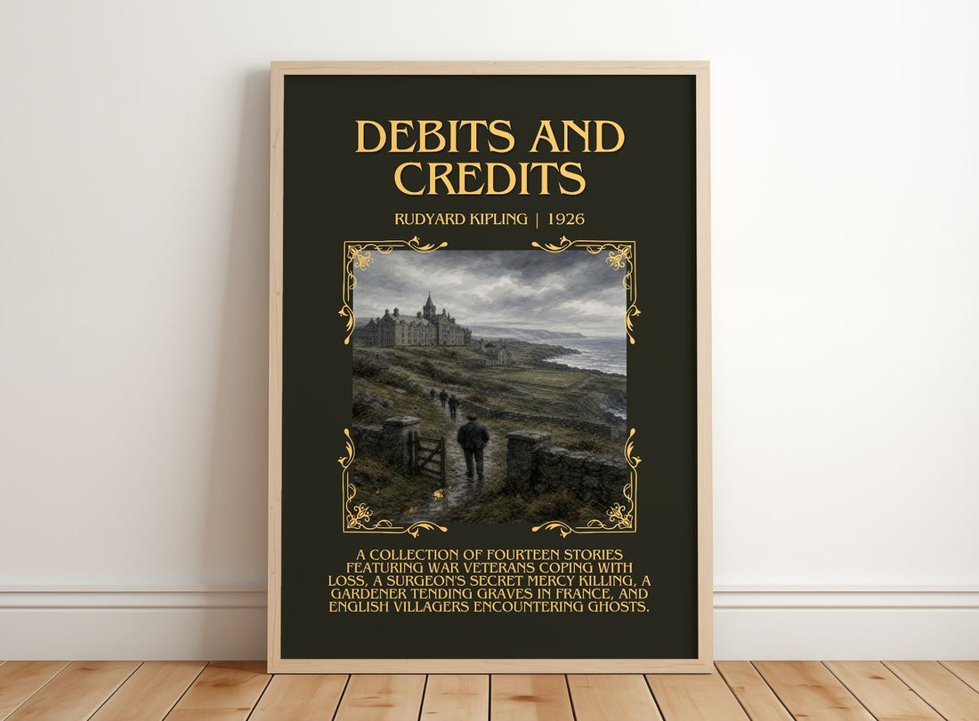 Debits And Credits Minimalist Book Poster by Rudyard Kipling – framed print leaning on a wooden floor