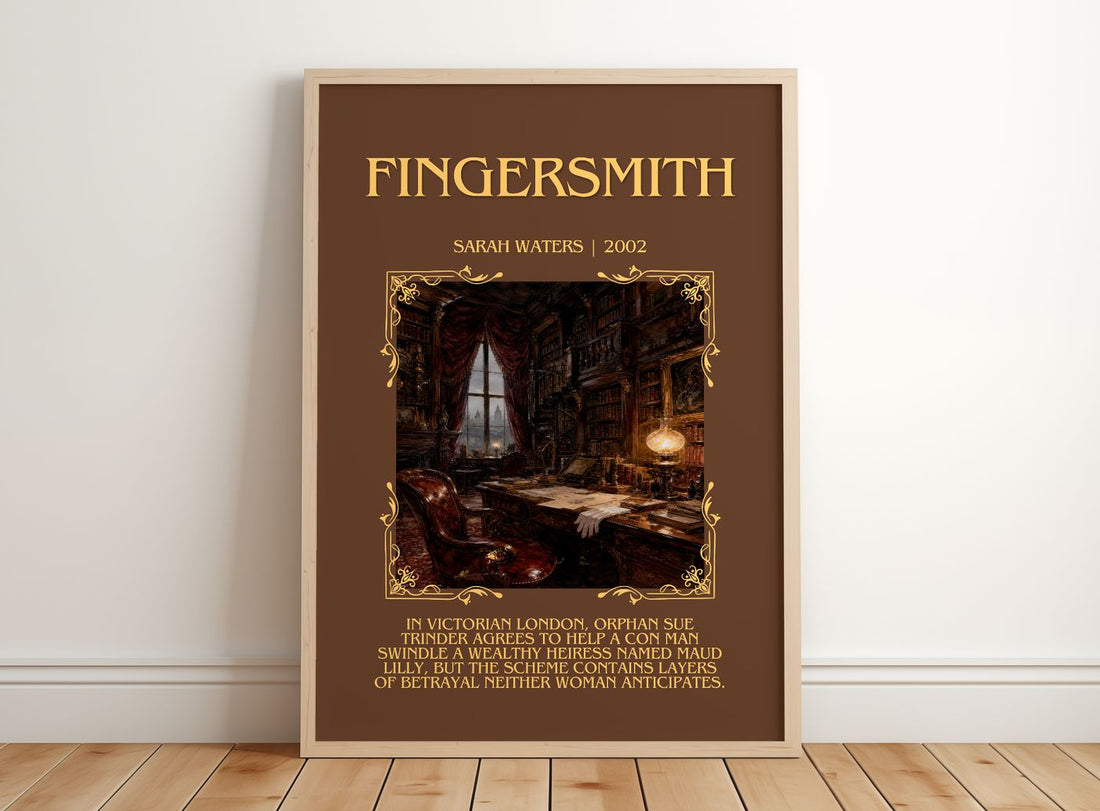 Fingersmith Minimalist Book Poster by Sarah Waters – framed print leaning on a wooden floor