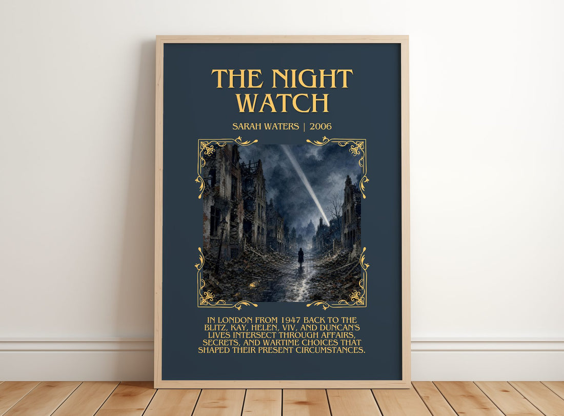The Night Watch Minimalist Book Poster by Sarah Waters – framed print leaning on a wooden floor