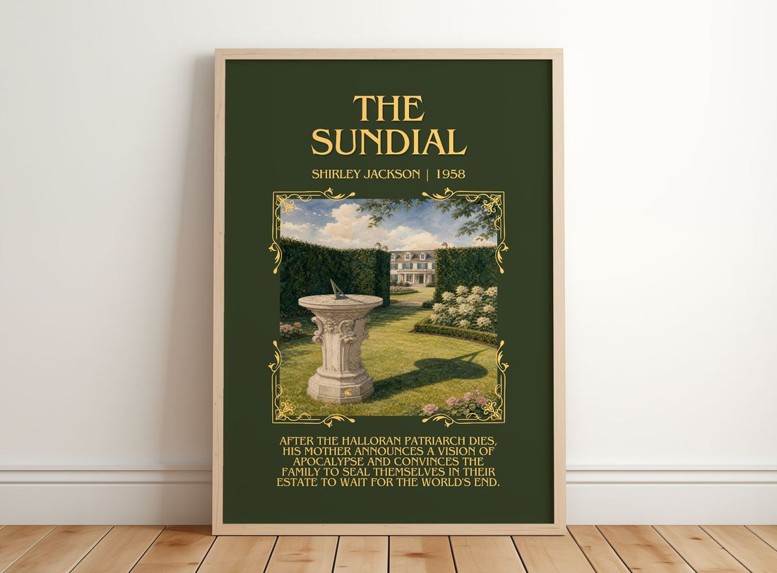 The Sundial Minimalist Book Poster by Shirley Jackson – framed print leaning on a wooden floor