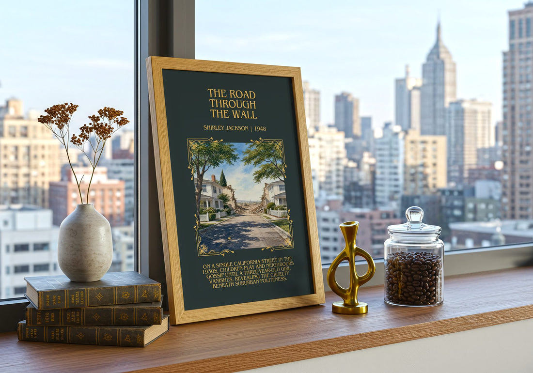 The Road Through The Wall Minimalist Book Poster by Shirley Jackson – framed print on a city-view windowsill