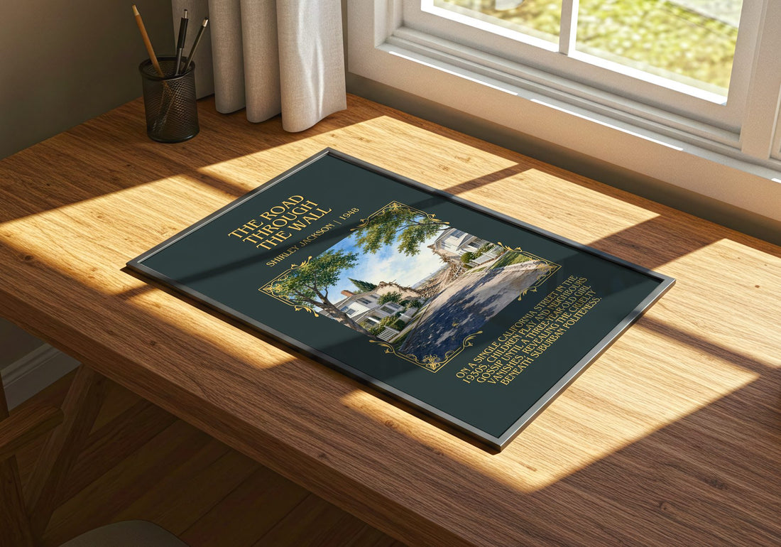 The Road Through The Wall Minimalist Book Poster by Shirley Jackson – print on a sunlit desk
