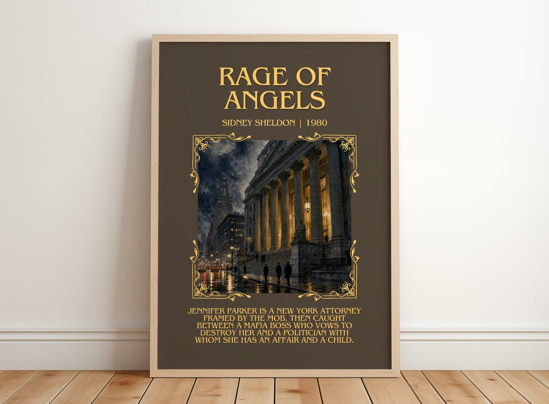 Rage Of Angels Minimalist Book Poster by Sidney Sheldon – framed print leaning on a wooden floor