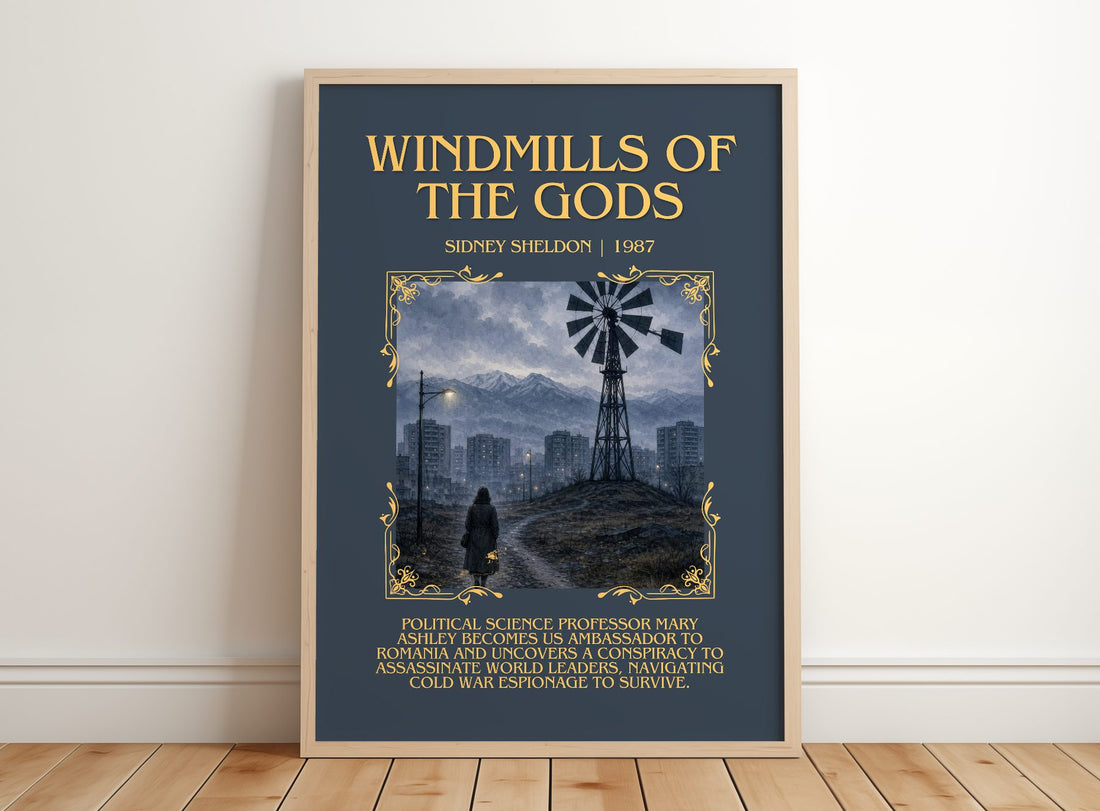 Windmills Of The Gods Minimalist Book Poster by Sidney Sheldon – framed print leaning on a wooden floor
